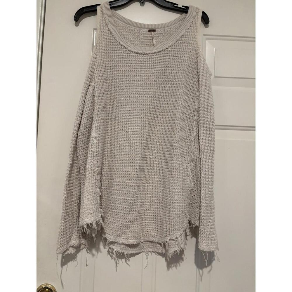 Women's sz M oversized Free People ivory waffle cold shoulder sweater#1157